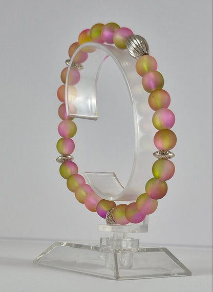 Pink & Yellow Green Glow in the Dark Glass Bead Stretch Bracelet – Handmade Silver Ribbed Jewelry Gift for Her