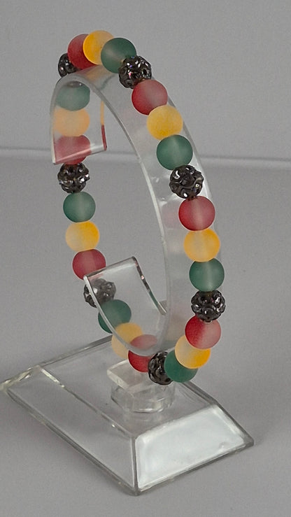 Reggae Glow in the Dark Glass Bead Stretch Bracelet – Handmade Red Yellow Green Gunmetal Jewelry Gift for Her