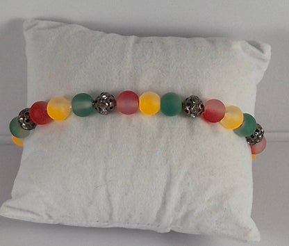 Reggae Glow in the Dark Glass Bead Stretch Bracelet – Handmade Red Yellow Green Gunmetal Jewelry Gift for Her