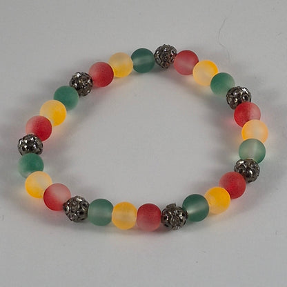 Reggae Glow in the Dark Glass Bead Stretch Bracelet – Handmade Red Yellow Green Gunmetal Jewelry Gift for Her