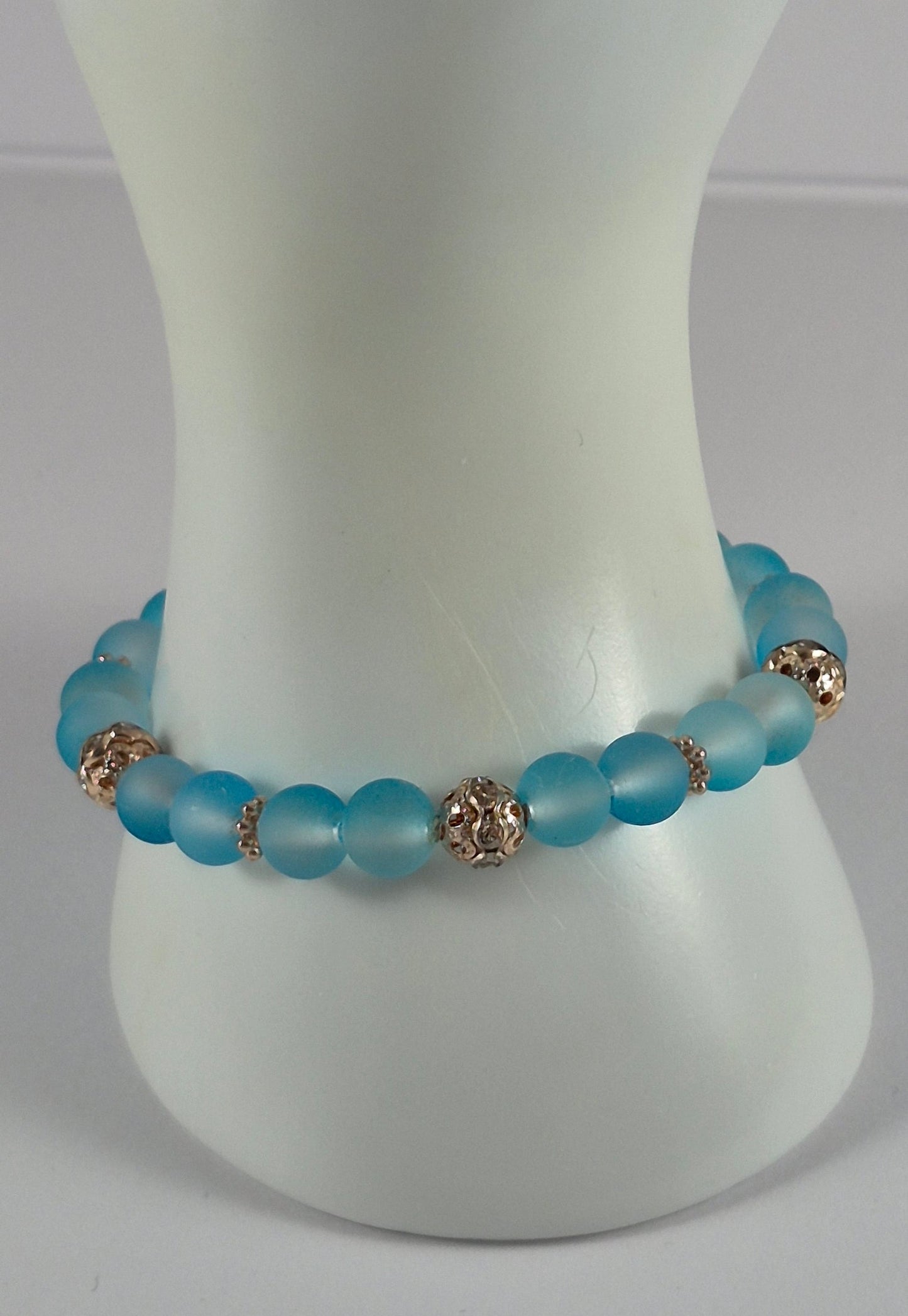 Aqua Blue Glow in the Dark Glass Bead Stretch Bracelet – Handmade Silver Filigree Rhinestone Jewelry Gift for Her
