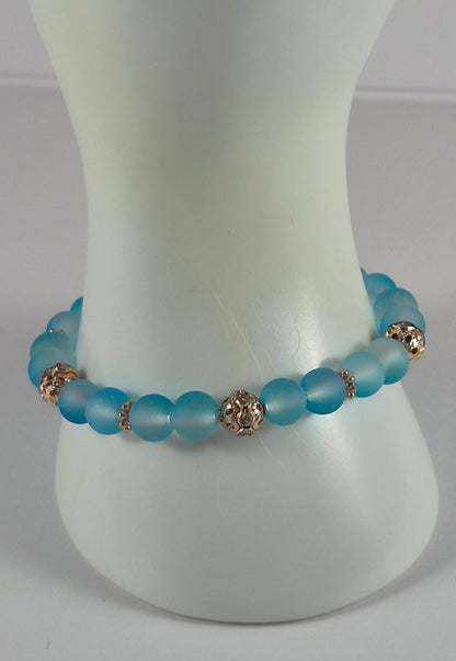 Aqua Blue Glow in the Dark Glass Bead Stretch Bracelet – Handmade Silver Filigree Rhinestone Jewelry Gift for Her