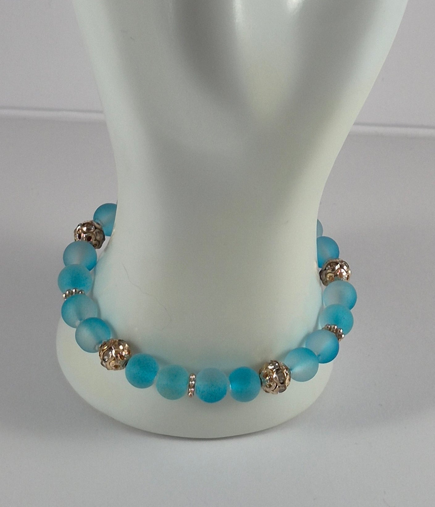 Aqua Blue Glow in the Dark Glass Bead Stretch Bracelet – Handmade Silver Filigree Rhinestone Jewelry Gift for Her