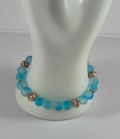 Aqua Blue Glow in the Dark Glass Bead Stretch Bracelet – Handmade Silver Filigree Rhinestone Jewelry Gift for Her
