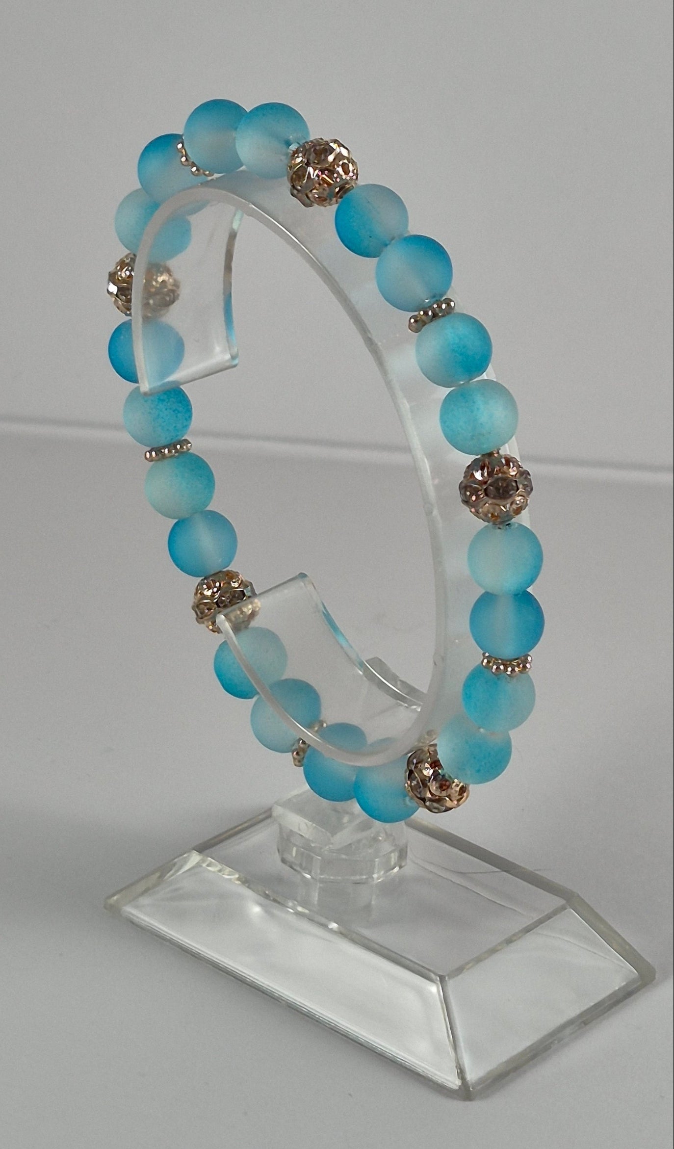 Aqua Blue Glow in the Dark Glass Bead Stretch Bracelet – Handmade Silver Filigree Rhinestone Jewelry Gift for Her
