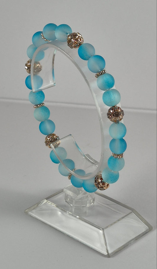 Aqua Blue Glow in the Dark Glass Bead Stretch Bracelet – Handmade Silver Filigree Rhinestone Jewelry Gift for Her