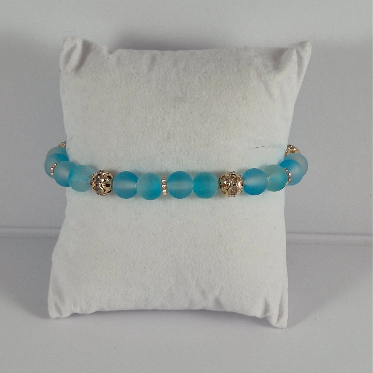Aqua Blue Glow in the Dark Glass Bead Stretch Bracelet – Handmade Silver Filigree Rhinestone Jewelry Gift for Her