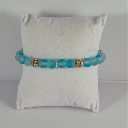 Aqua Blue Glow in the Dark Glass Bead Stretch Bracelet – Handmade Silver Filigree Rhinestone Jewelry Gift for Her