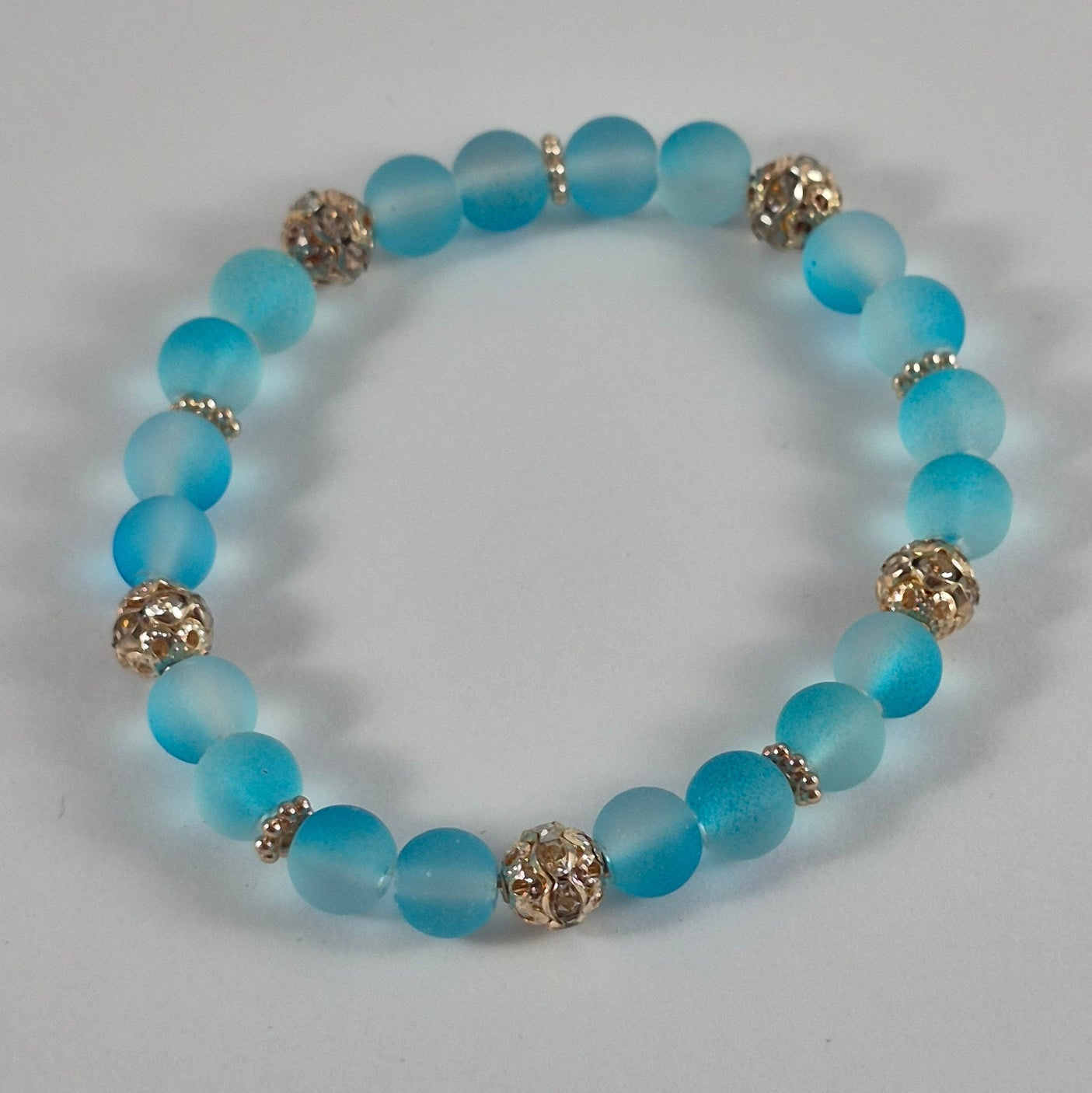 Aqua Blue Glow in the Dark Glass Bead Stretch Bracelet – Handmade Silver Filigree Rhinestone Jewelry Gift for Her