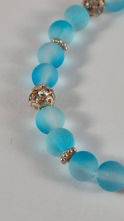 Aqua Blue Glow in the Dark Glass Bead Stretch Bracelet – Handmade Silver Filigree Rhinestone Jewelry Gift for Her