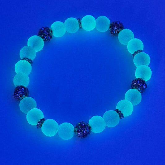 Aqua Blue Glow in the Dark Glass Bead Stretch Bracelet – Handmade Silver Filigree Rhinestone Jewelry Gift for Her