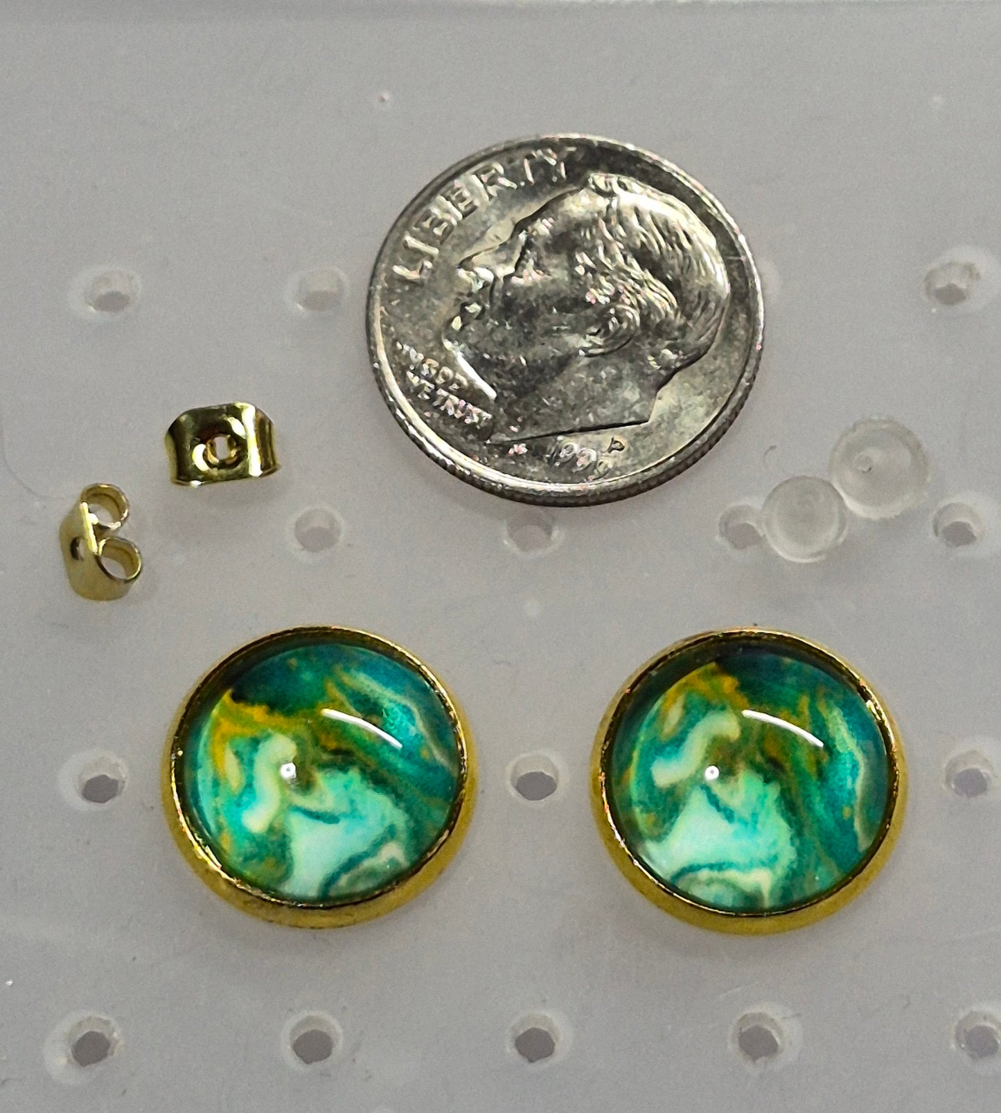 Ocean Aurora Glass Cabochon Stud Earrings | 12mm Round Gold Bezel Coastal Studs | Turquoise Jewelry