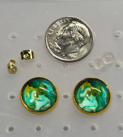 Ocean Aurora Glass Cabochon Stud Earrings | 12mm Round Gold Bezel Coastal Studs | Turquoise Jewelry