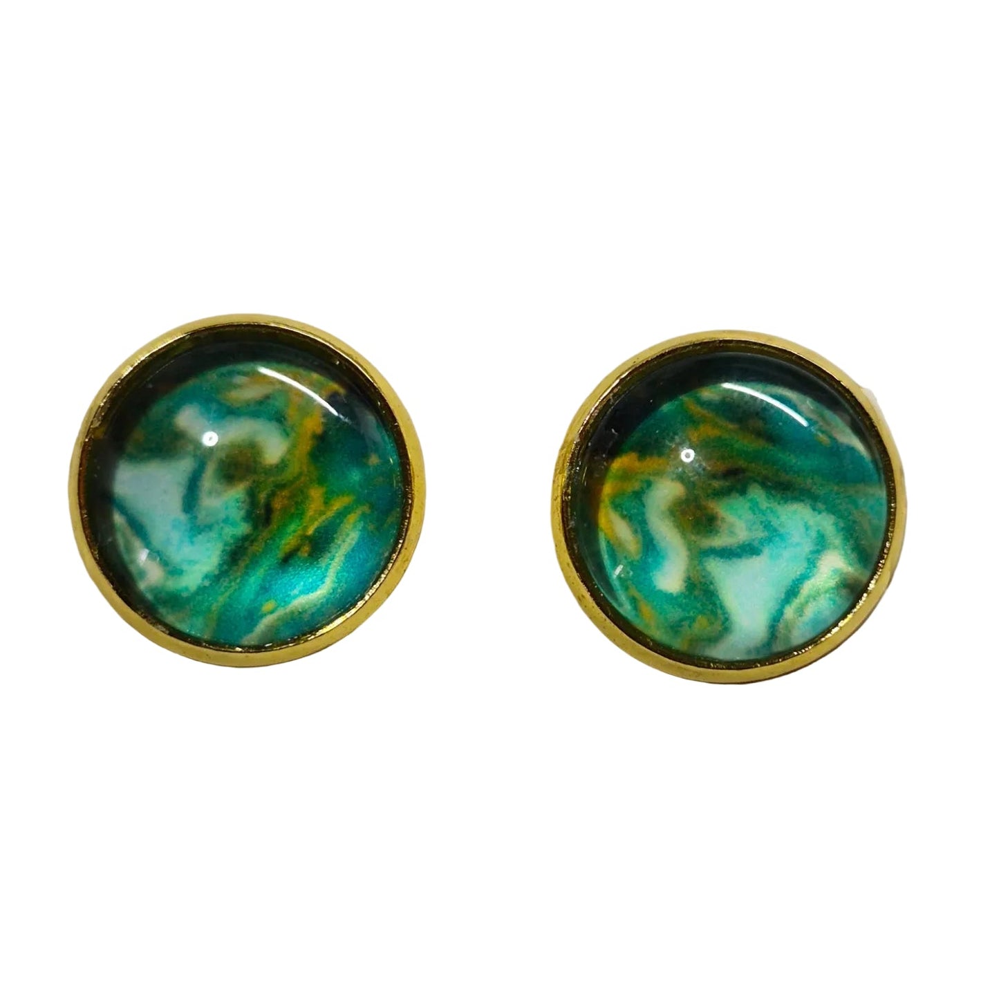 Ocean Aurora Glass Cabochon Stud Earrings | 12mm Round Gold Bezel Coastal Studs | Turquoise Jewelry