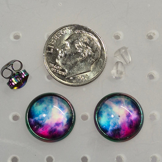 Purple Teal Nebula Glass Cabochon Stud Earrings | 12mm Round Iridescent Bezel Cosmic Studs | Galaxy Jewelry
