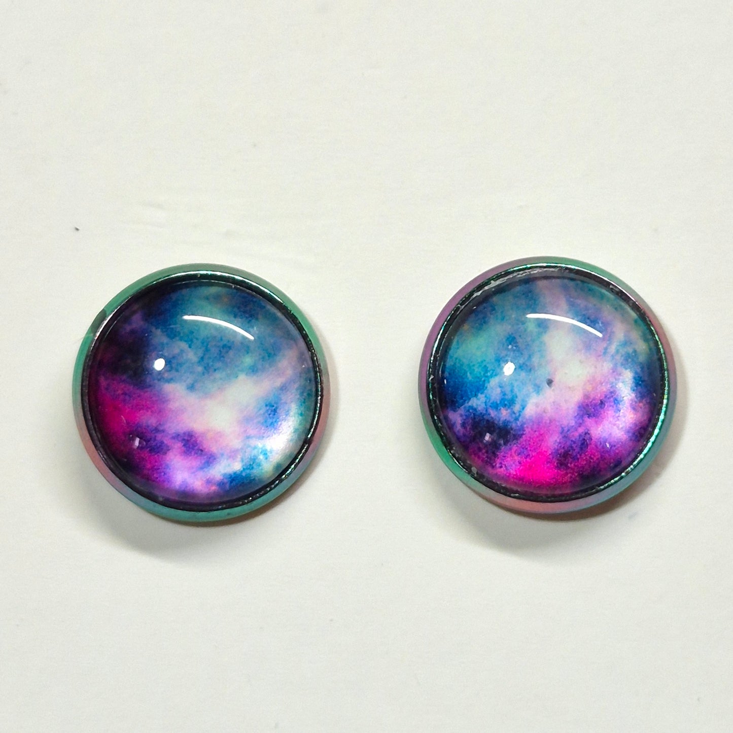 Purple Teal Nebula Glass Cabochon Stud Earrings | 12mm Round Iridescent Bezel Cosmic Studs | Galaxy Jewelry