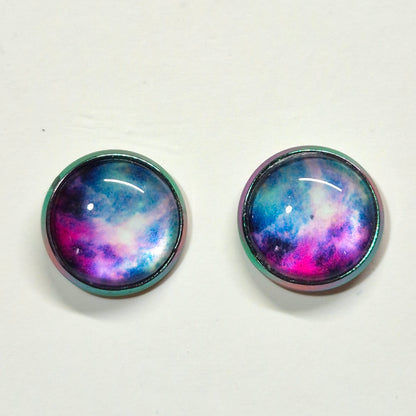 Purple Teal Nebula Glass Cabochon Stud Earrings | 12mm Round Iridescent Bezel Cosmic Studs | Galaxy Jewelry