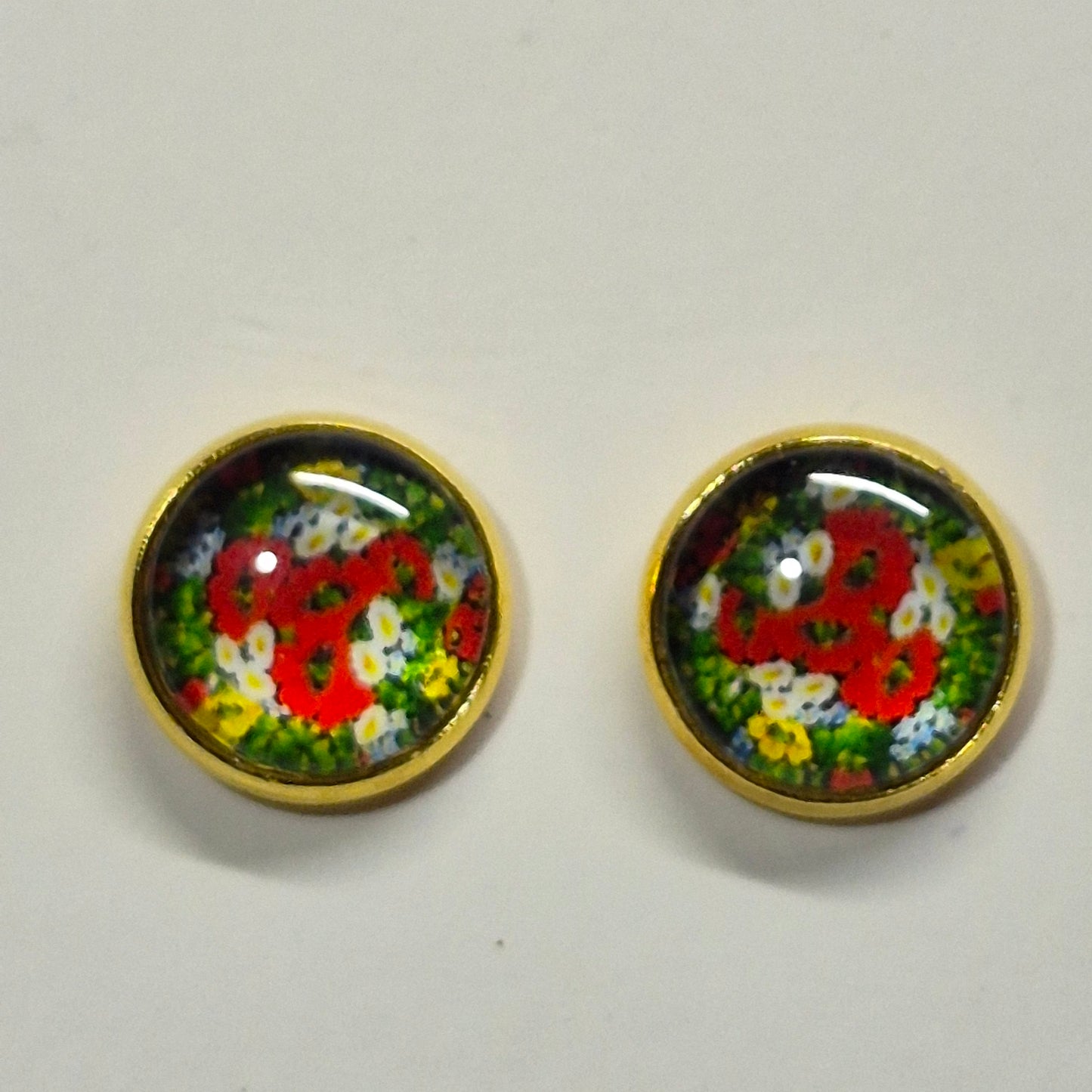 Poppy Meadow Glass Cabochon Stud Earrings | 12mm Round Gold Bezel Floral Studs | Wildflower Jewelry