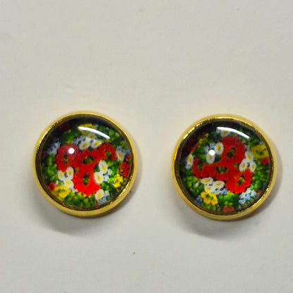 Poppy Meadow Glass Cabochon Stud Earrings | 12mm Round Gold Bezel Floral Studs | Wildflower Jewelry
