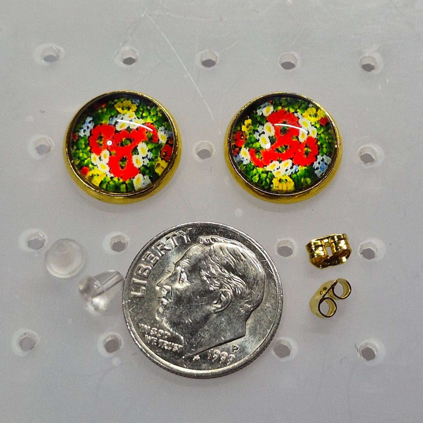 Poppy Meadow Glass Cabochon Stud Earrings | 12mm Round Gold Bezel Floral Studs | Wildflower Jewelry