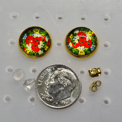 Poppy Meadow Glass Cabochon Stud Earrings | 12mm Round Gold Bezel Floral Studs | Wildflower Jewelry