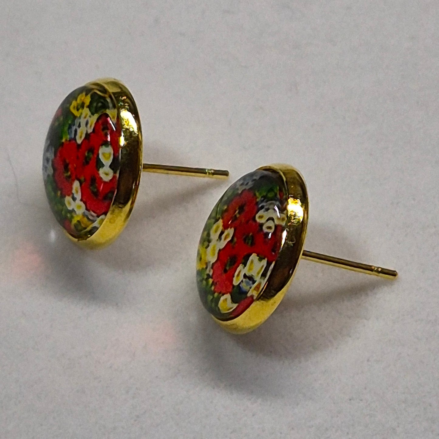 Poppy Meadow Glass Cabochon Stud Earrings | 12mm Round Gold Bezel Floral Studs | Wildflower Jewelry