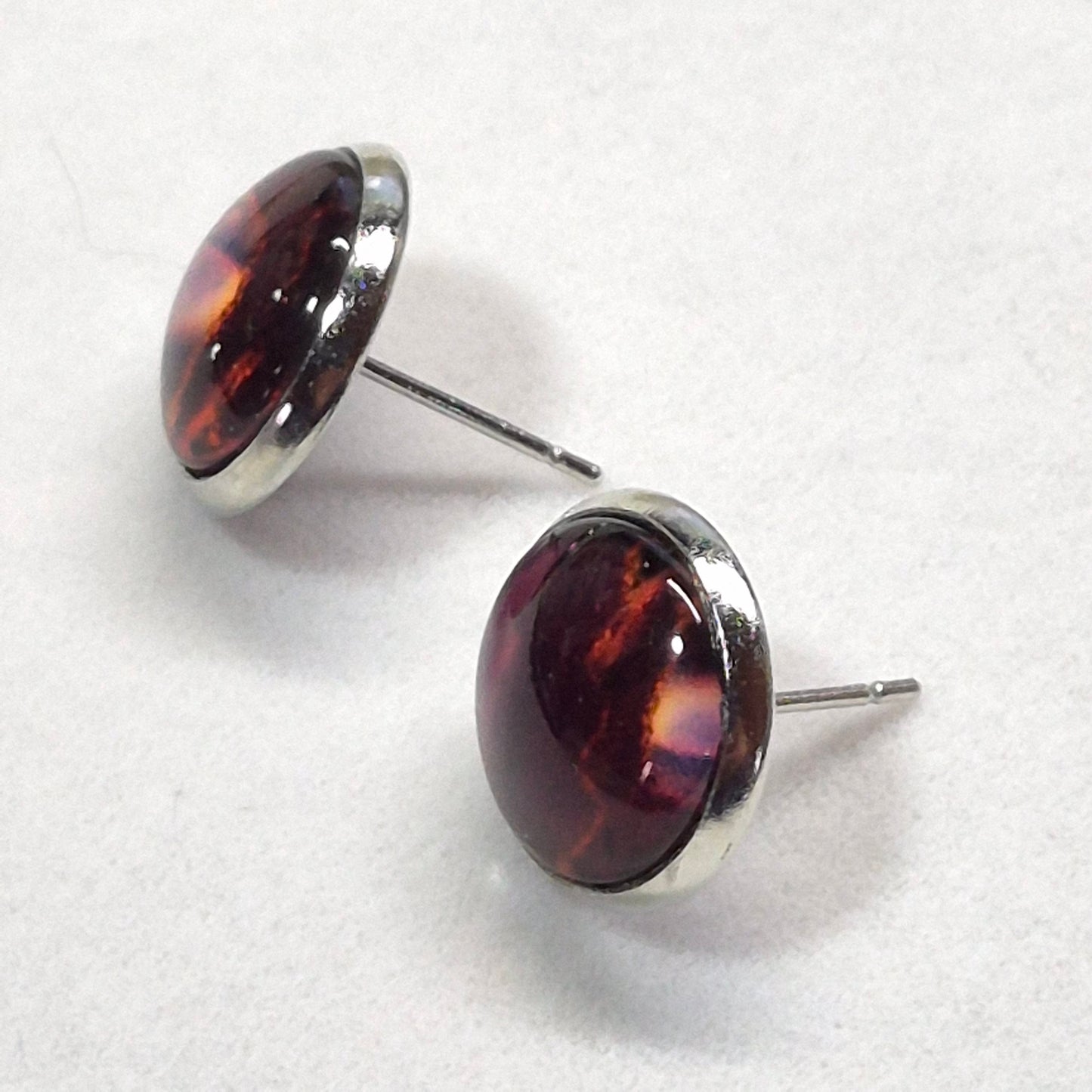 Twilight Nebula Glass Cabochon Stud Earrings | 12mm Round Silver Bezel Cosmic Studs | Purple Jewelry