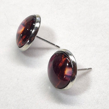 Twilight Nebula Glass Cabochon Stud Earrings | 12mm Round Silver Bezel Cosmic Studs | Purple Jewelry