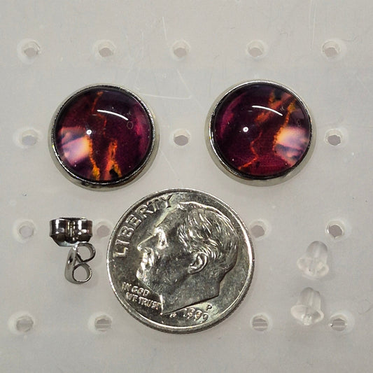 Twilight Nebula Glass Cabochon Stud Earrings | 12mm Round Silver Bezel Cosmic Studs | Purple Jewelry