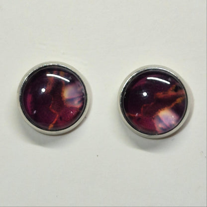 Twilight Nebula Glass Cabochon Stud Earrings | 12mm Round Silver Bezel Cosmic Studs | Purple Jewelry