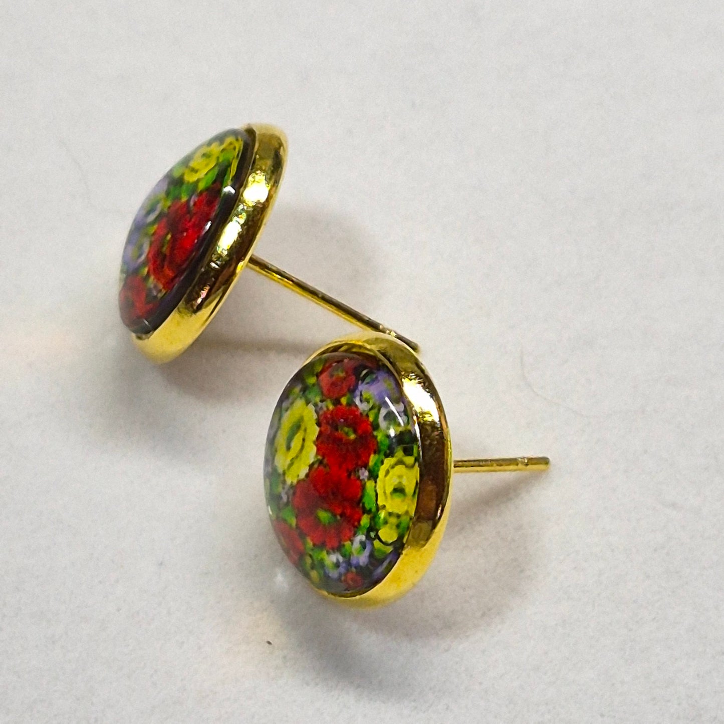 Cottage Garden Glass Cabochon Stud Earrings | 12mm Round Gold Bezel Floral Studs | Garden Jewelry