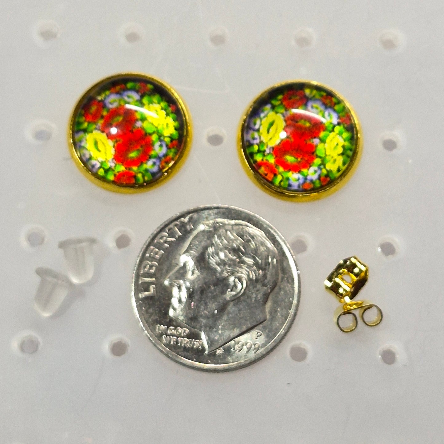 Cottage Garden Glass Cabochon Stud Earrings | 12mm Round Gold Bezel Floral Studs | Garden Jewelry