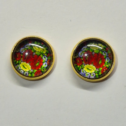 Cottage Garden Glass Cabochon Stud Earrings | 12mm Round Gold Bezel Floral Studs | Garden Jewelry