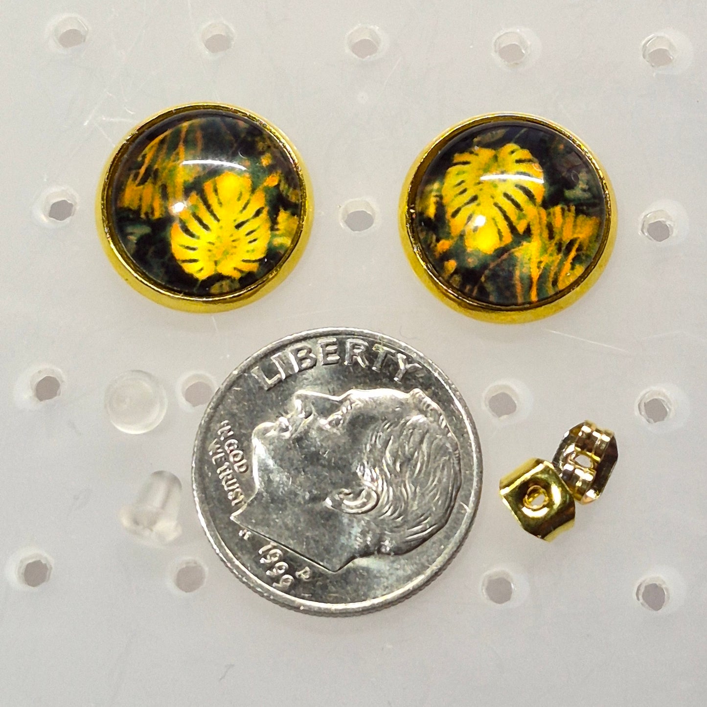 Monstera Leaf Glass Cabochon Stud Earrings | 12mm Round Gold Bezel Botanical Studs | Plant Jewelry