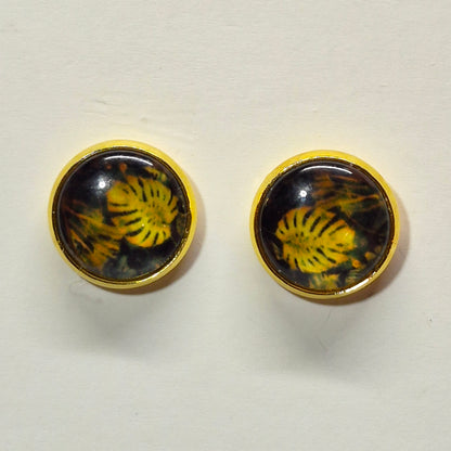 Monstera Leaf Glass Cabochon Stud Earrings | 12mm Round Gold Bezel Botanical Studs | Plant Jewelry