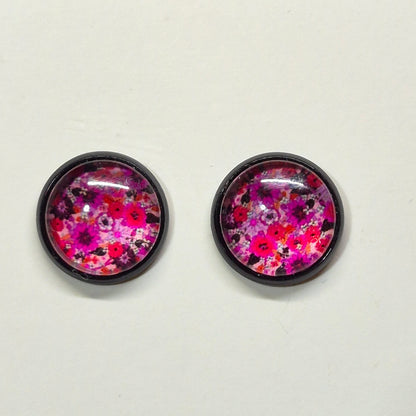 Wildflower Garden Glass Cabochon Stud Earrings | 12mm Round Black Bezel Floral Studs | Bold Jewelry