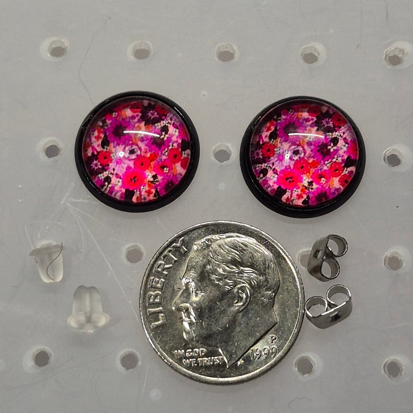Wildflower Garden Glass Cabochon Stud Earrings | 12mm Round Black Bezel Floral Studs | Bold Jewelry