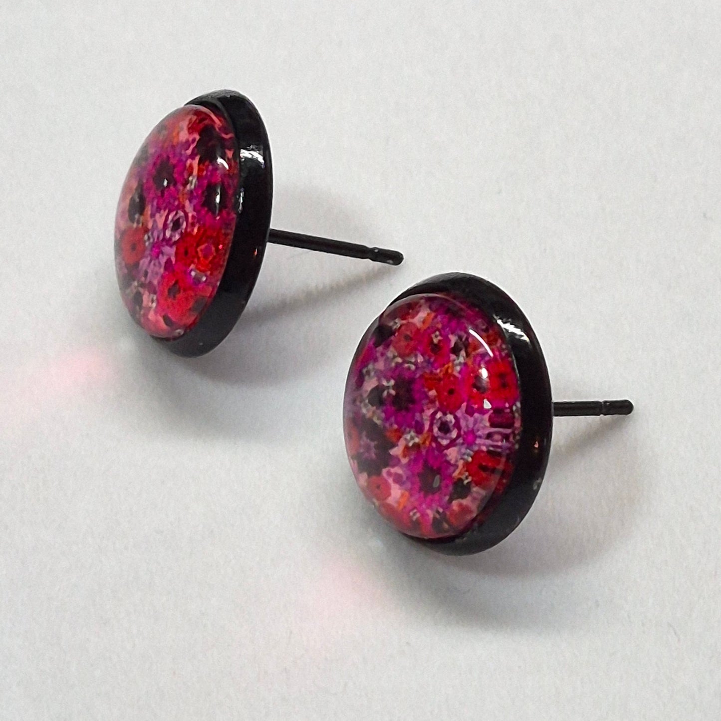 Wildflower Garden Glass Cabochon Stud Earrings | 12mm Round Black Bezel Floral Studs | Bold Jewelry