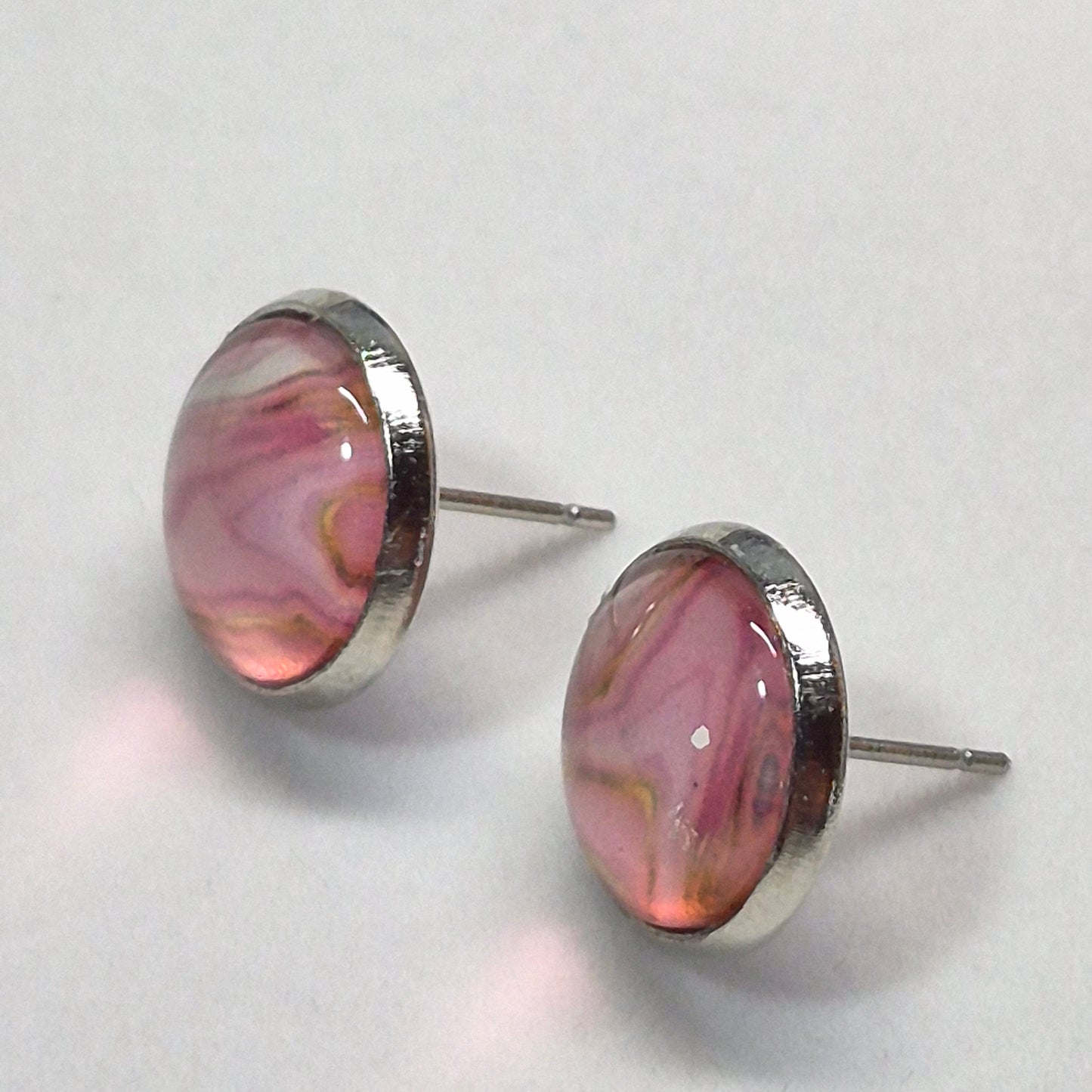 Rose Quartz Marble Glass Cabochon Stud Earrings | 12mm Round Silver Bezel Pink Studs | Romantic Jewelry