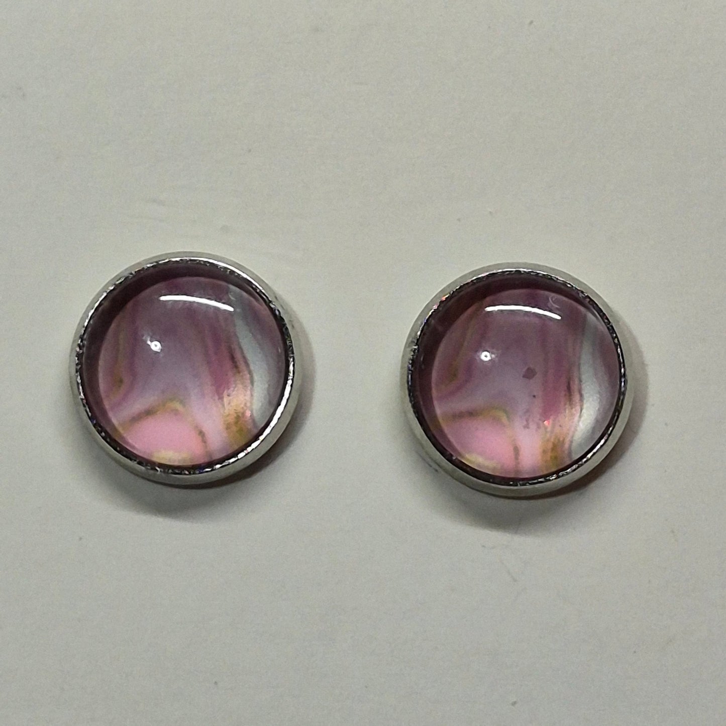 Rose Quartz Marble Glass Cabochon Stud Earrings | 12mm Round Silver Bezel Pink Studs | Romantic Jewelry