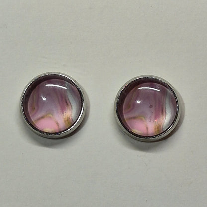 Rose Quartz Marble Glass Cabochon Stud Earrings | 12mm Round Silver Bezel Pink Studs | Romantic Jewelry