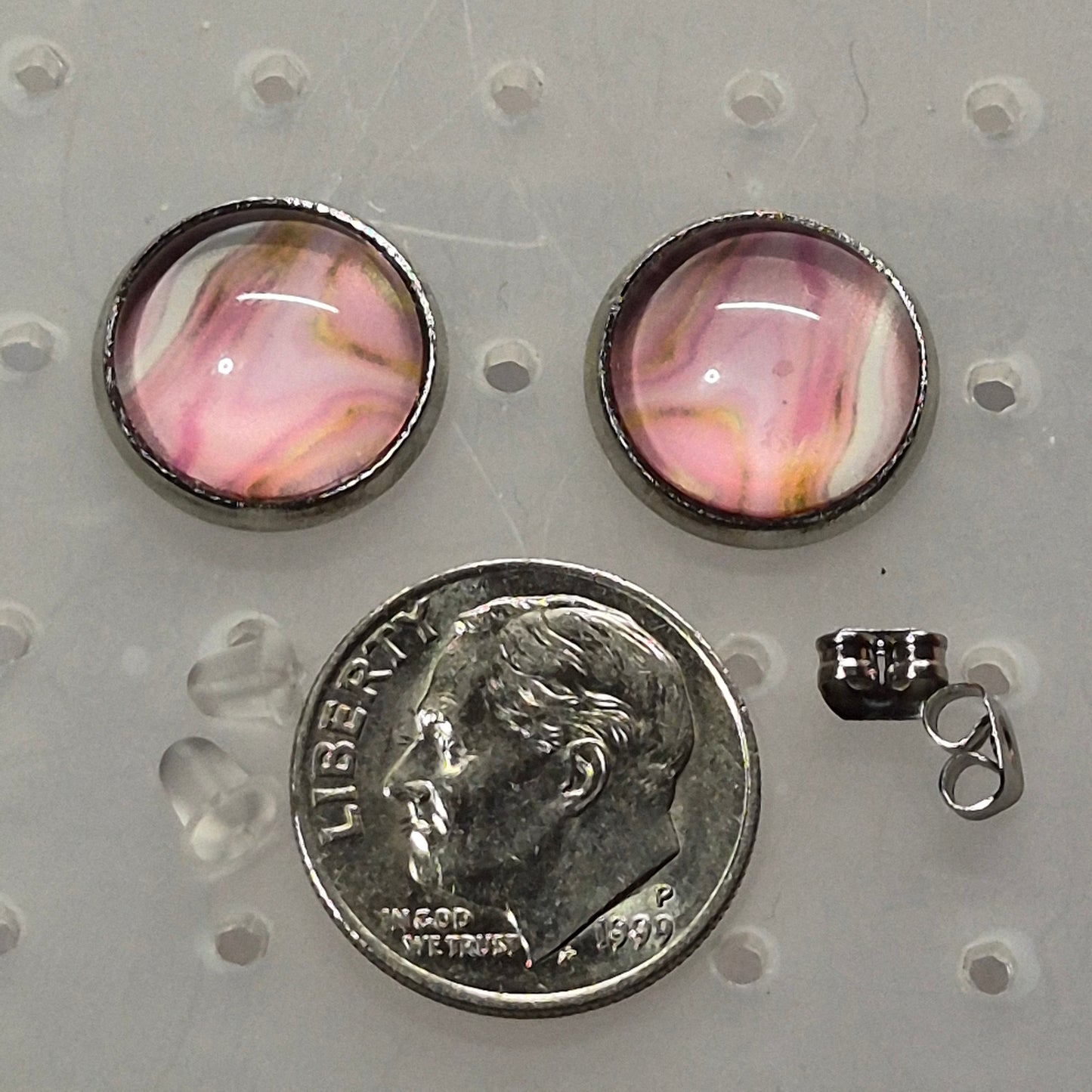 Rose Quartz Marble Glass Cabochon Stud Earrings | 12mm Round Silver Bezel Pink Studs | Romantic Jewelry