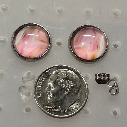 Rose Quartz Marble Glass Cabochon Stud Earrings | 12mm Round Silver Bezel Pink Studs | Romantic Jewelry