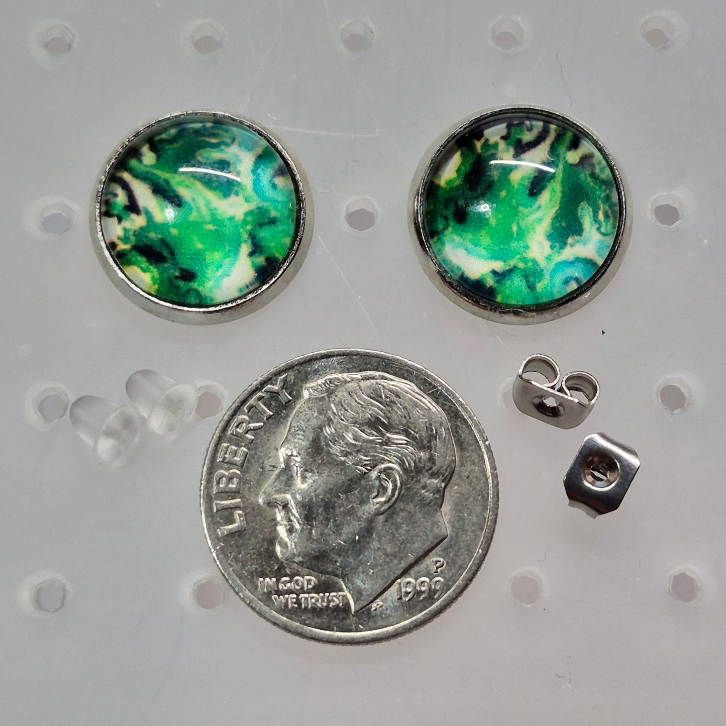 Emerald Marble Glass Cabochon Stud Earrings | 12mm Round Silver Bezel Green Studs | Stone Inspired Jewelry