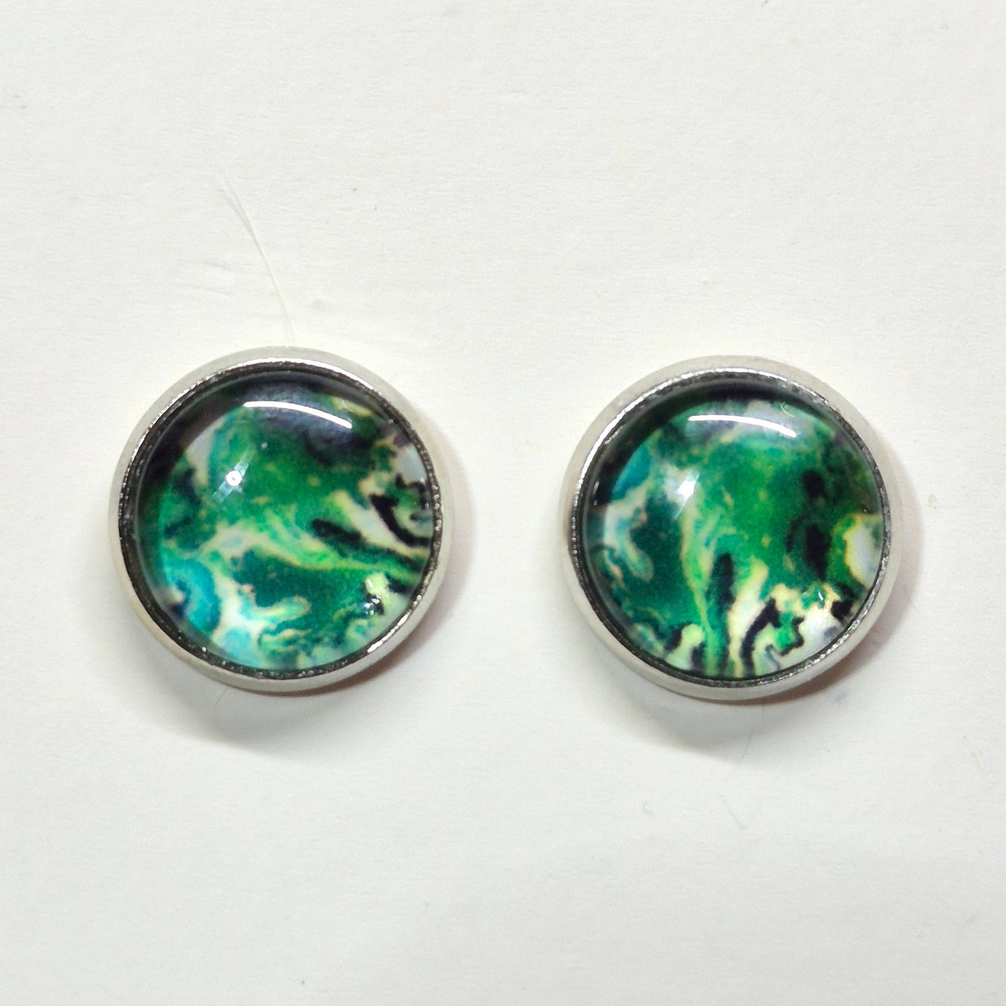 Emerald Marble Glass Cabochon Stud Earrings | 12mm Round Silver Bezel Green Studs | Stone Inspired Jewelry
