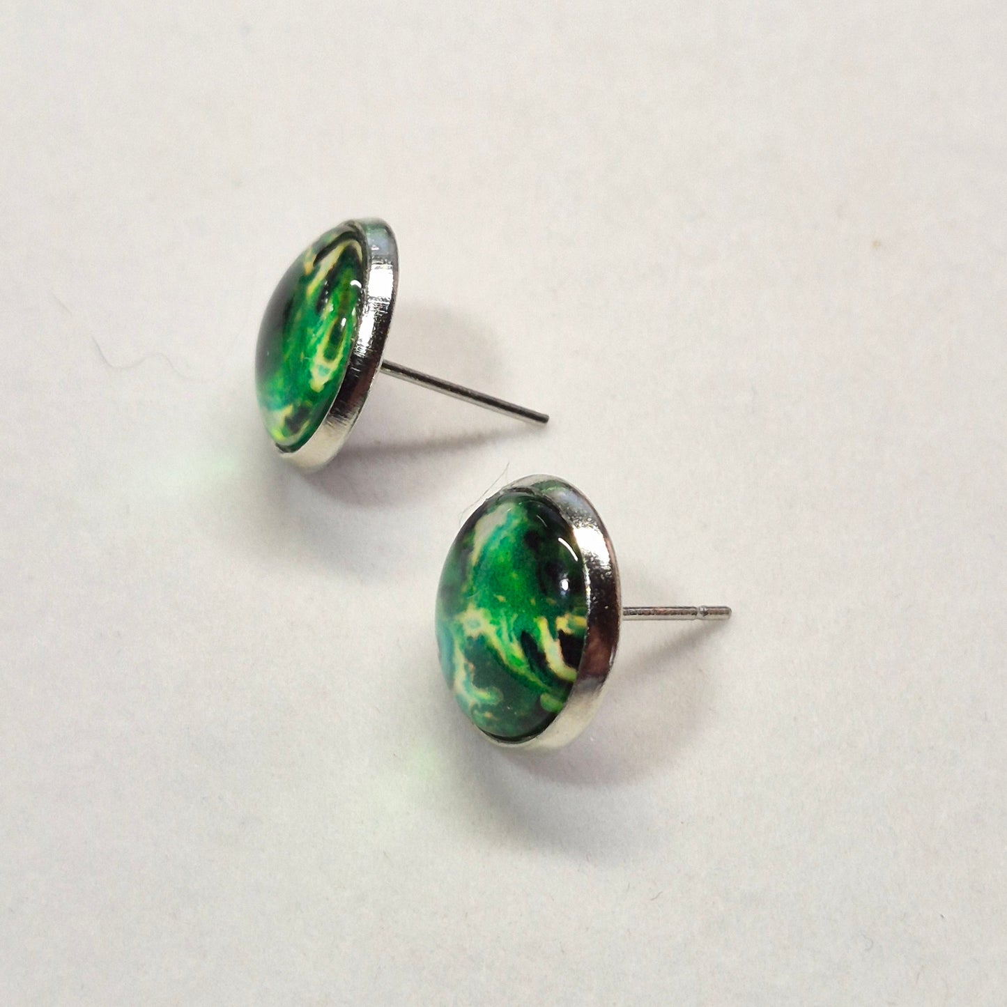 Emerald Marble Glass Cabochon Stud Earrings | 12mm Round Silver Bezel Green Studs | Stone Inspired Jewelry