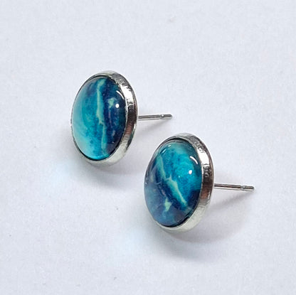Ocean Waves Glass Cabochon Stud Earrings | 12mm Round Silver Bezel Blue Studs | Coastal Jewelry