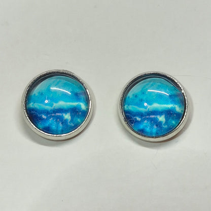 Ocean Waves Glass Cabochon Stud Earrings | 12mm Round Silver Bezel Blue Studs | Coastal Jewelry