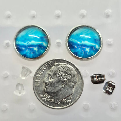 Ocean Waves Glass Cabochon Stud Earrings | 12mm Round Silver Bezel Blue Studs | Coastal Jewelry