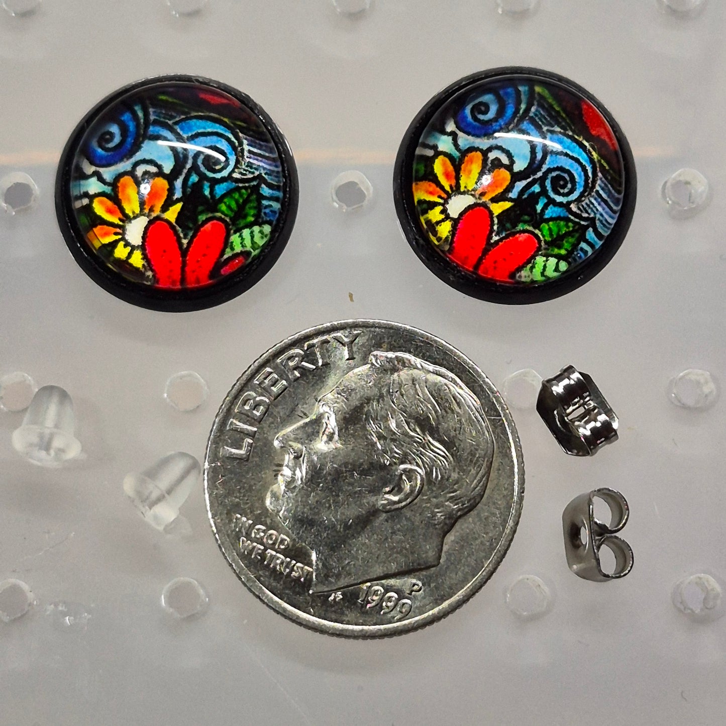 Mosaic Garden Glass Cabochon Stud Earrings | 12mm Round Black Bezel Colorful Studs | Wearable Art Jewelry